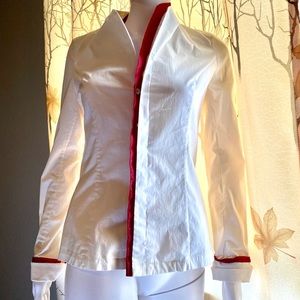 Christian Cota-button down Blouse Chiffon Red trim